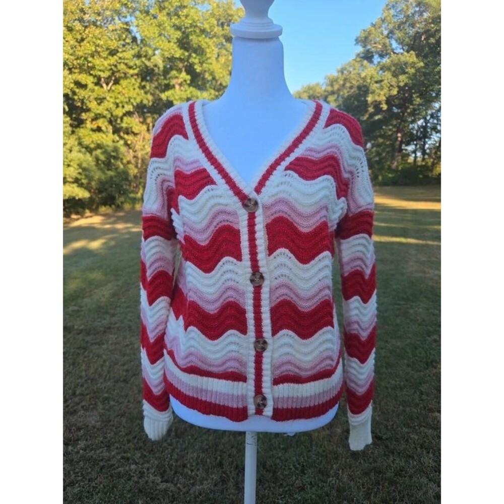 Maurices Chevron Wave V-Neck Button Cardigan Sweater Red Pink Small S Retro
